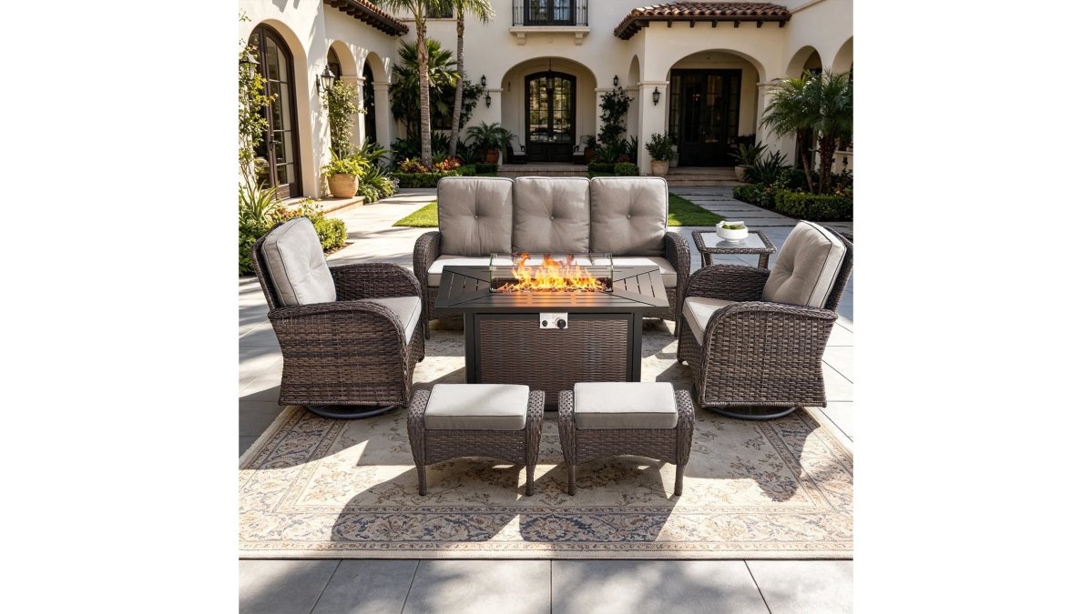 7 Piece Outdoor Patio Furniture Set, Patio Furniture Set with Fire Pit Table Rattan Wicker Patio Furniture Set, Brown Wicker & Beige Cushion
