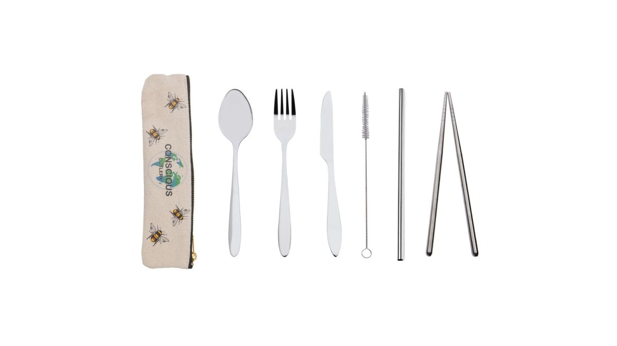 7 Piece Travel Cutlery Set With Hemp Pouch BEES