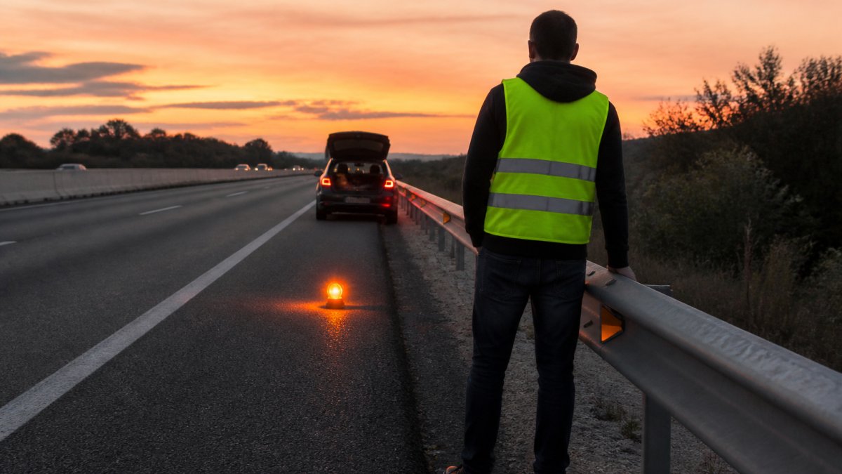 7-Point Safety Checklist for Driving a UK Car in Spain Driver in a high-visibility vest standing behind a motorway barrier while driving a UK car in Spain at dusk.