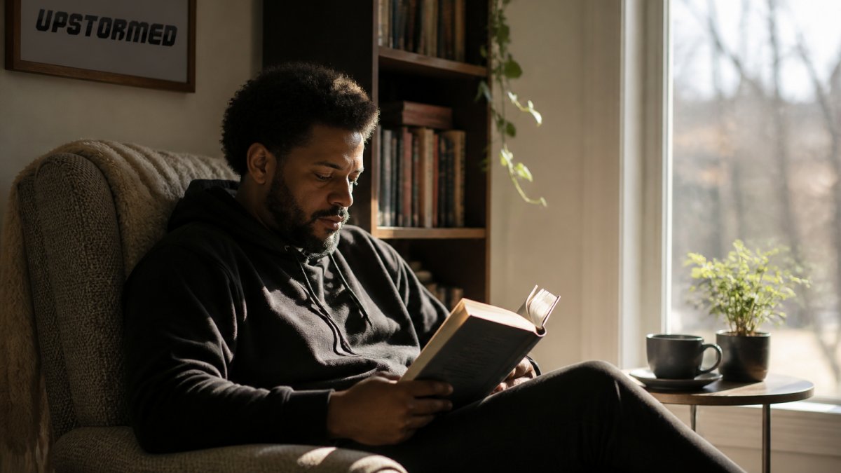 Person sitting in a comfortable chair with an open book, natural light streaming through a window, peaceful home environment with soft furnishings and plants nearby