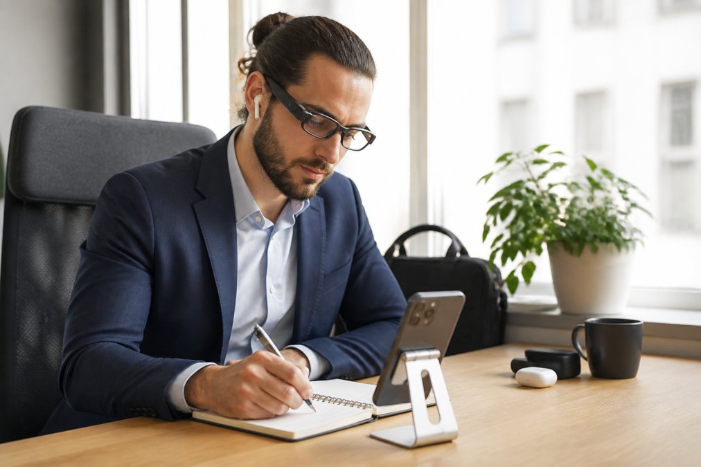 Professional at modern desk wearing AI camera smart glasses while managing multiple devices, with wireless earbuds and phone stand visible on workspace, natural office lighting