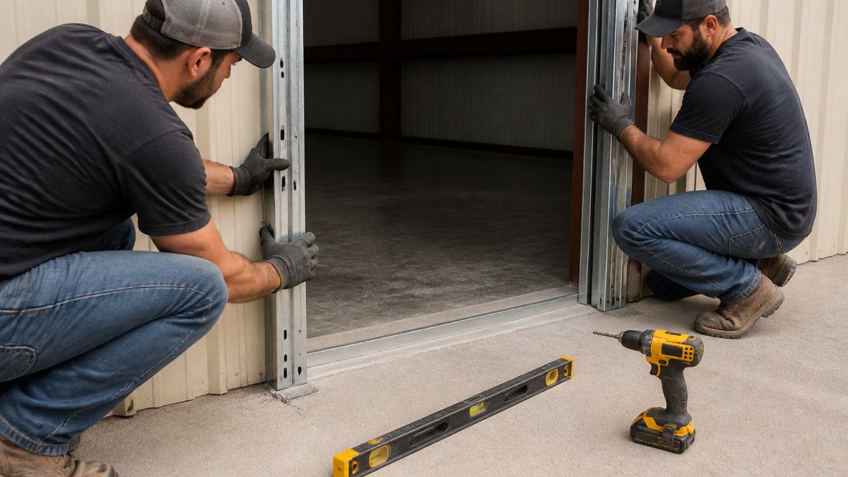 Installers aligning a preassembled roll up door guide track on a metal building frame