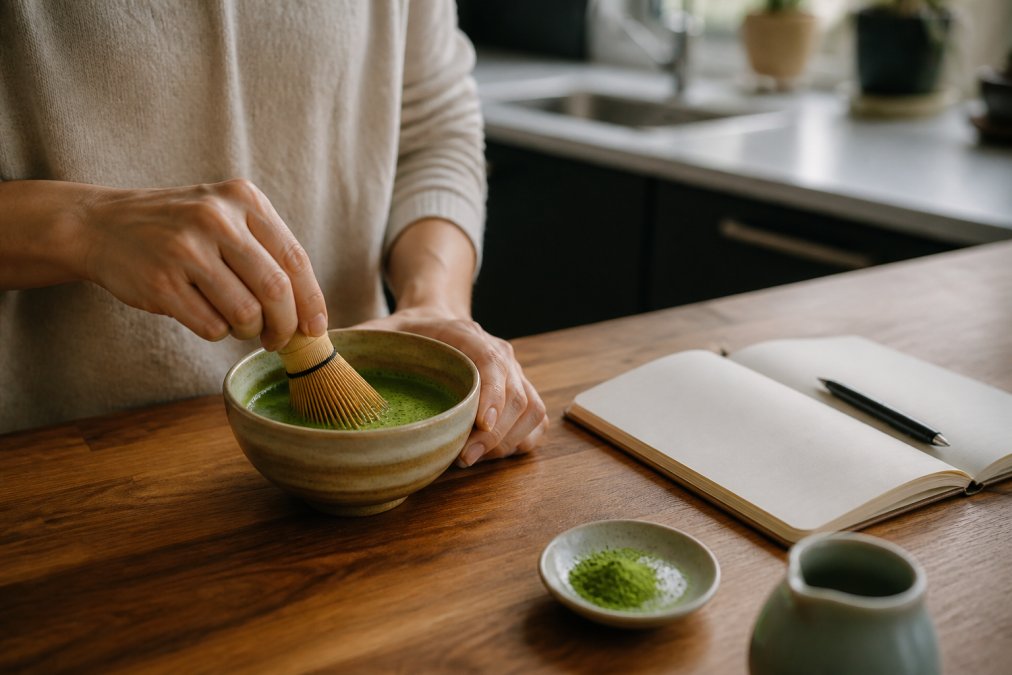 A close-up of a person's hands whisking a bowl of vibrant green matcha tea on a wooden kitchen counter, with a laptop and notebook softly blurred in the background