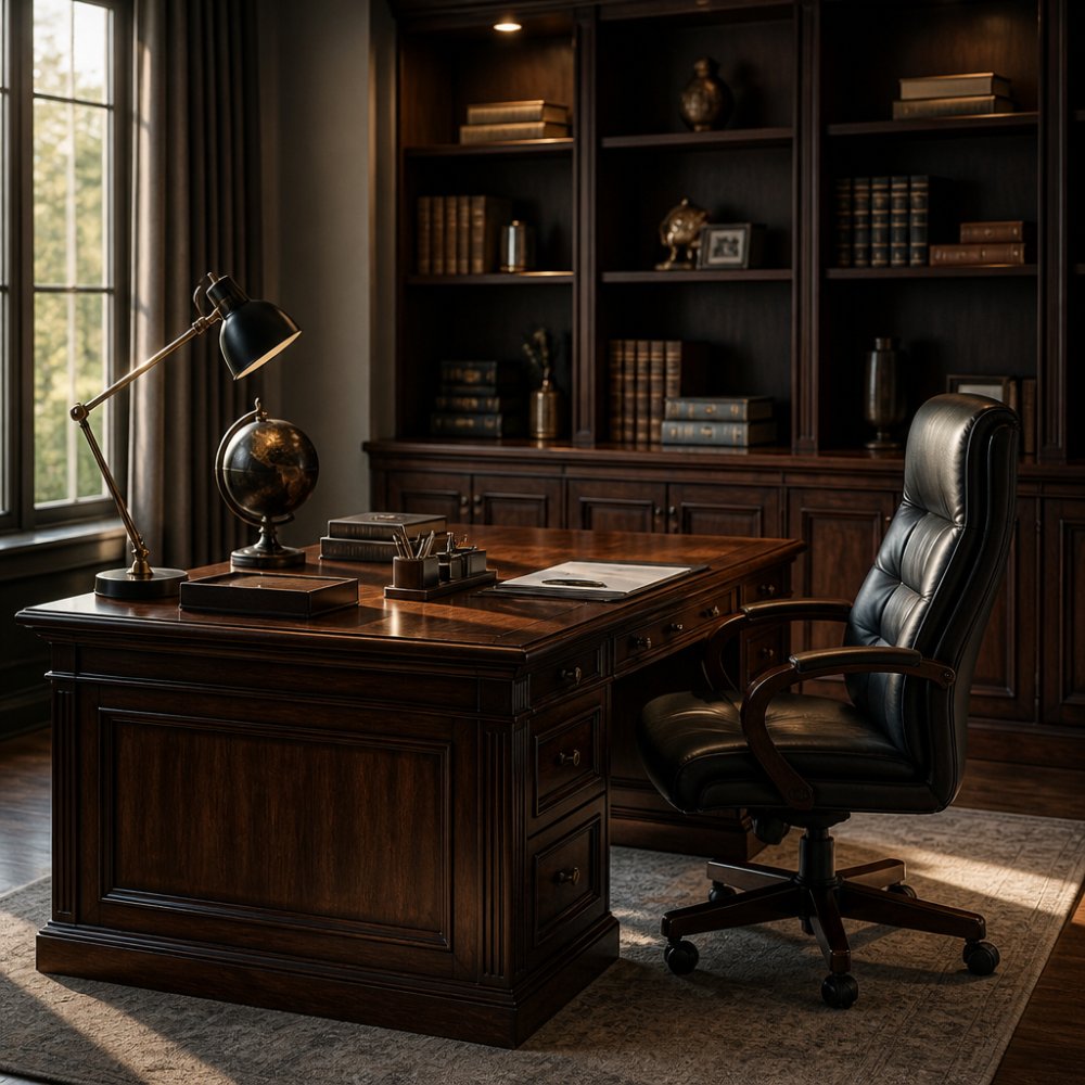 Professional working at a premium wooden executive desk with an ergonomic leather chair, natural light streaming from a window, organized workspace with coordinated desk accessories and task lighting