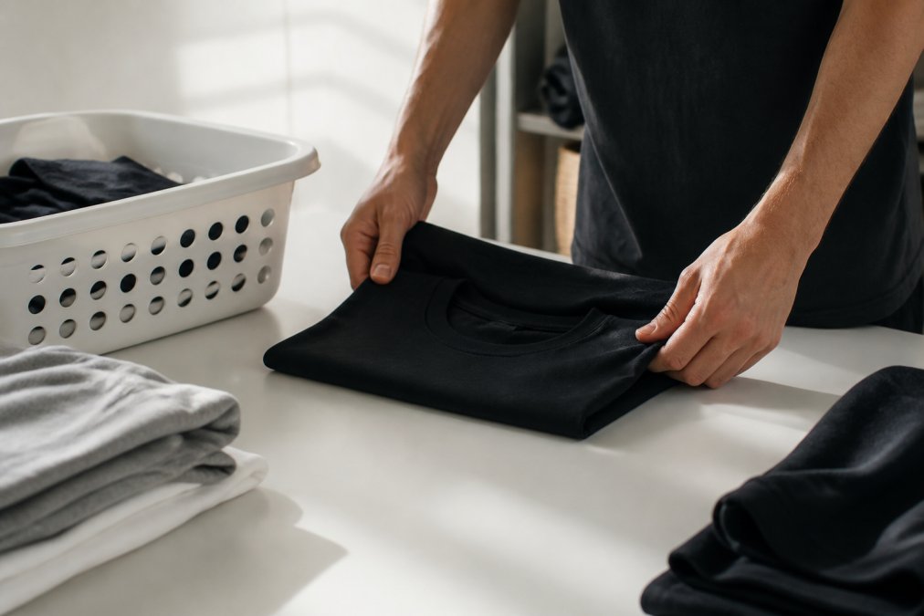 Hands carefully folding a heavyweight black cotton tee, with laundry basket and fabric care labels visible in soft natural light on a clean surface