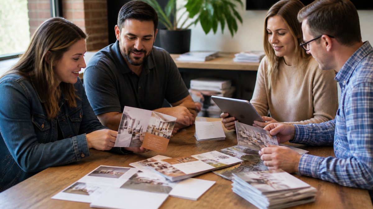 Marketing team reviewing printed direct mail pieces and digital campaign screens together at conference table with branded collateral samples, natural office lighting