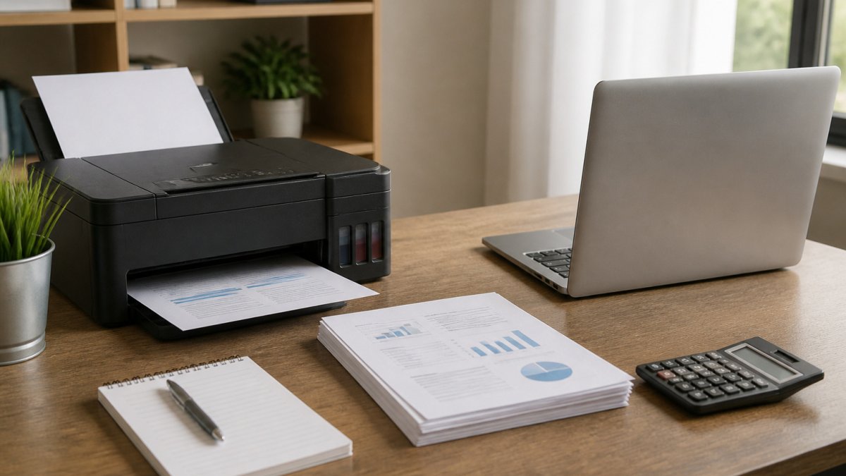 Compact ink tank printer on a home office desk next to a laptop and notepad in soft natural daylight.