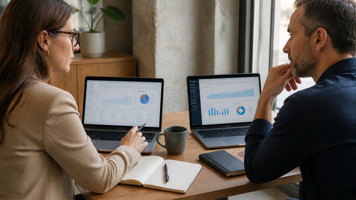 A marketing consultant and a business owner comparing two website analytics dashboards on separate laptops in a bright office, notebooks and coffee cups on the desk