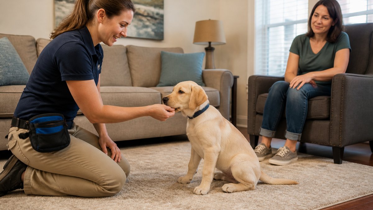 Dog trainer using a treat pouch during a private dog training session with a Labrador in a living room