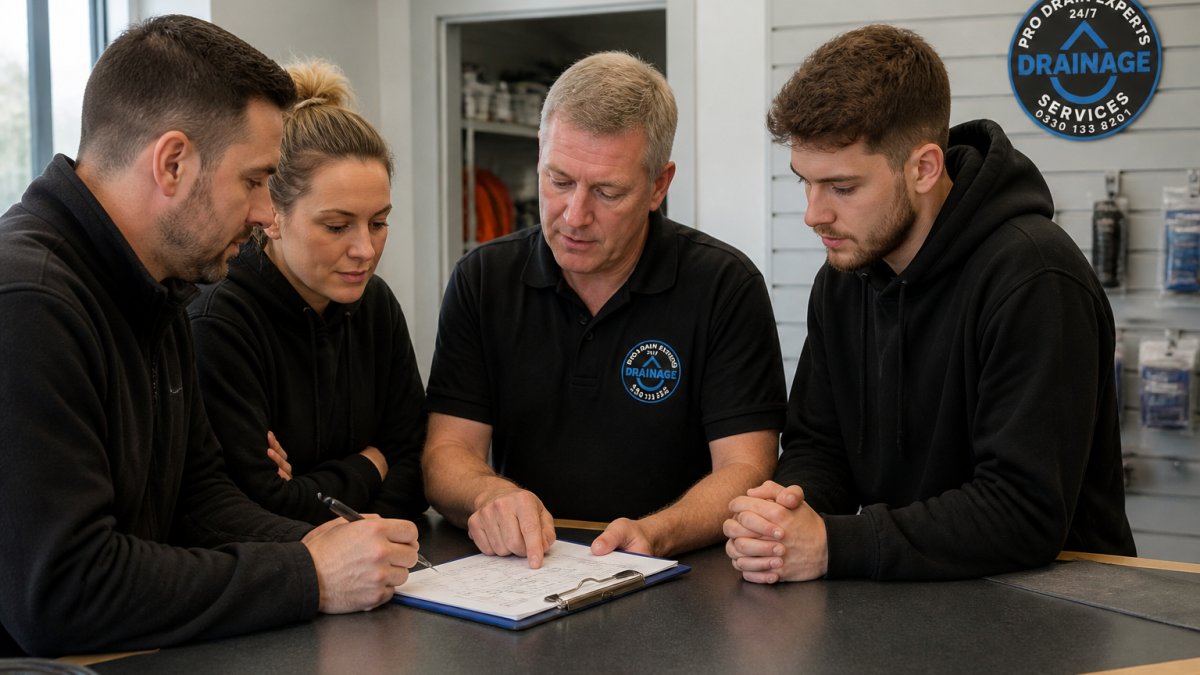 Retail store manager and team members gathered near the counter reviewing notes on a clipboard, discussing operational challenges with engaged body language and natural store lighting