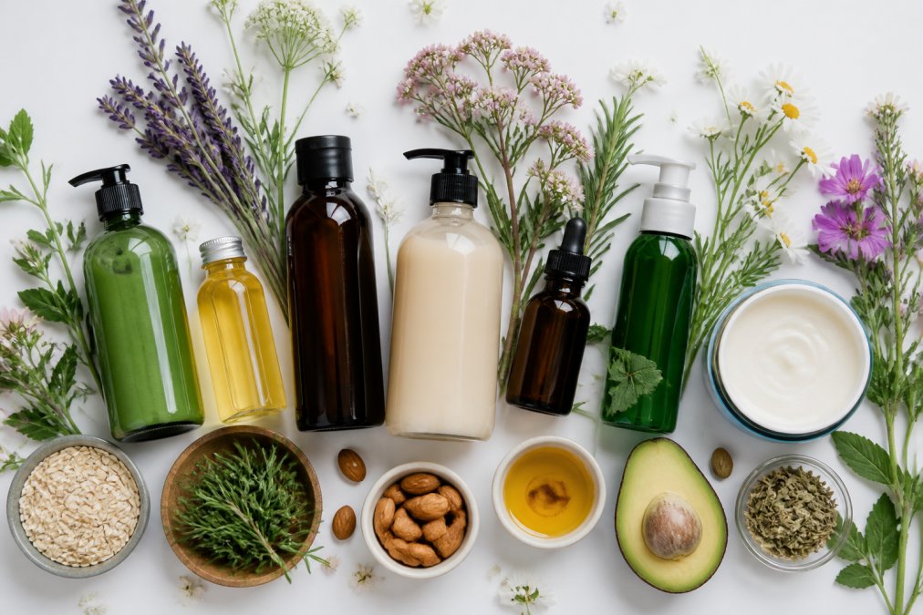 Flat lay di bottiglie e flaconi di prodotti naturali per capelli su sfondo bianco con fiori freschi e ingredienti biologici