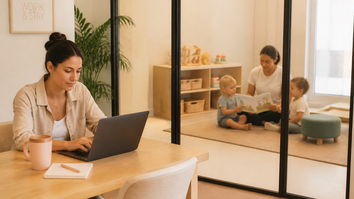 A parent typing on a laptop at a bright coworking desk while a childcare teacher reads a picture book with two toddlers in a separate glass-walled classroom nearby