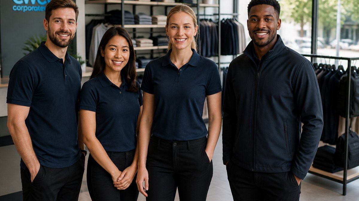 Diverse retail team in matching branded polo shirts standing in a modern shop with product displays