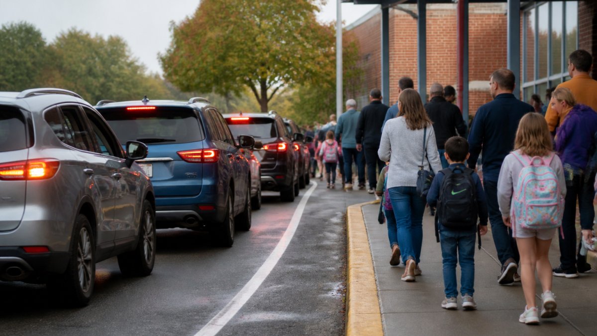 Cars idling in line during morning drop-off at a top rated schools location as parents walk children to class.