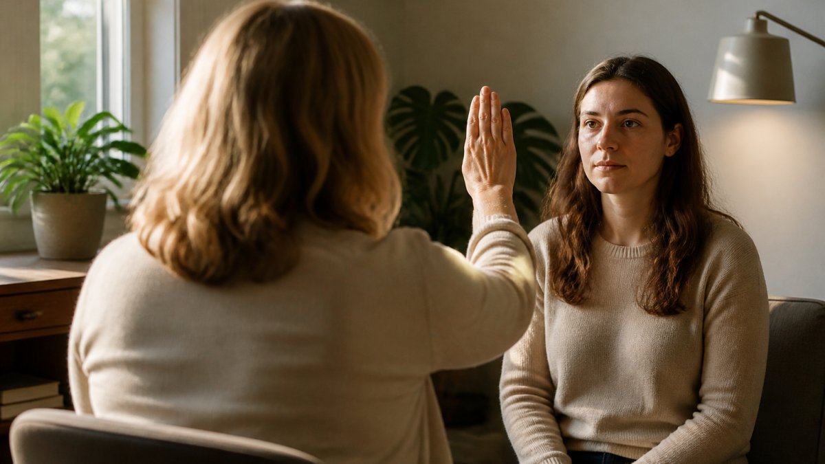 Therapist conducting EMDR session with patient tracking bilateral eye movements using hand stimulation in calm, professionally lit clinical office