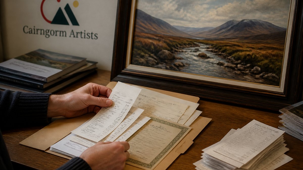 Collector sorting gallery receipts and certificates of authenticity beside a framed landscape painting