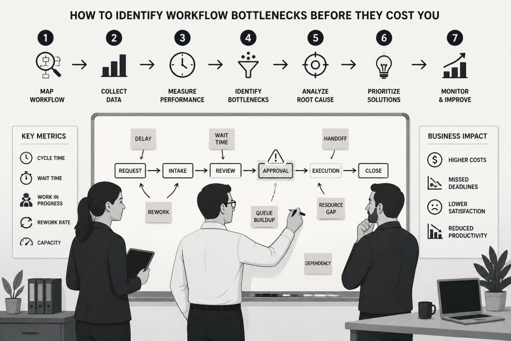An operations manager and two colleagues standing at a whiteboard covered in sticky notes and process flow arrows, tracing a workflow with a marker in a bright office