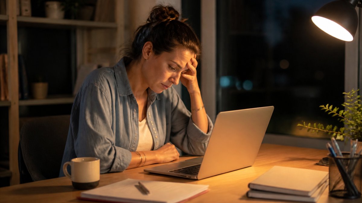 A professional in their thirties sitting at a home desk late in the evening, laptop open, head resting on one hand, a half-finished coffee nearby, warm lamp light against a dark window