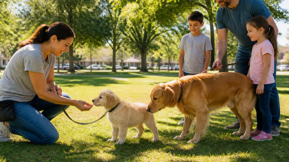 A puppy on a leash meeting a calm dog and family in a park during puppy socialization training with treats.
