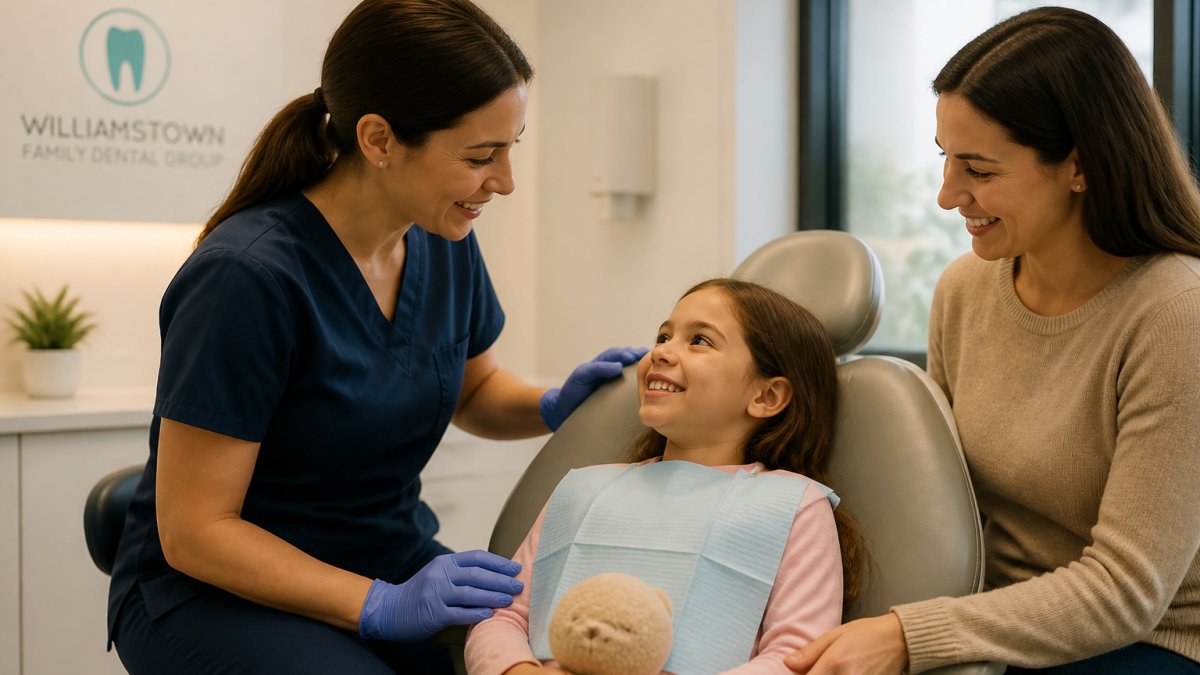 Young child in dental chair with friendly dentist and parent present, warm clinic lighting, child appearing relaxed and smiling