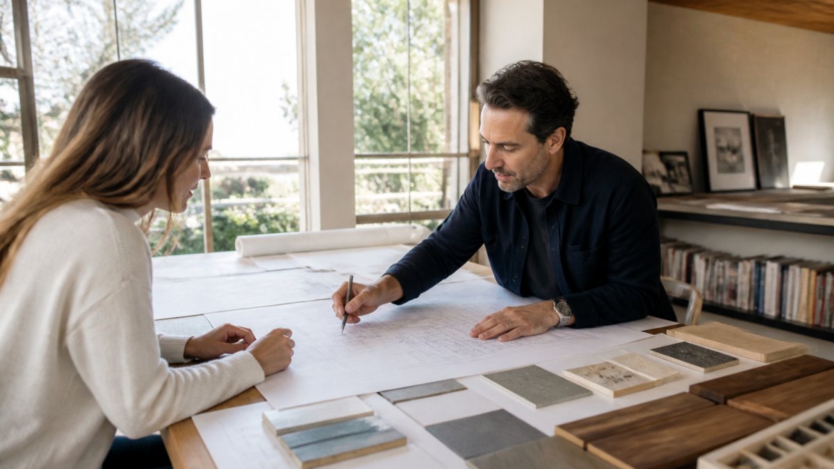 A homeowner and an architect sitting across a table covered with house plans and material samples, reviewing drawings together in a sunlit studio