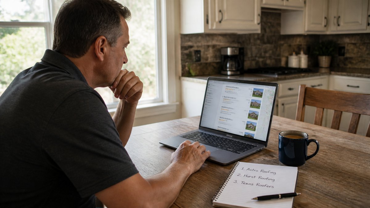Homeowner researching roofers near me by comparing local company names on a laptop at a kitchen table.