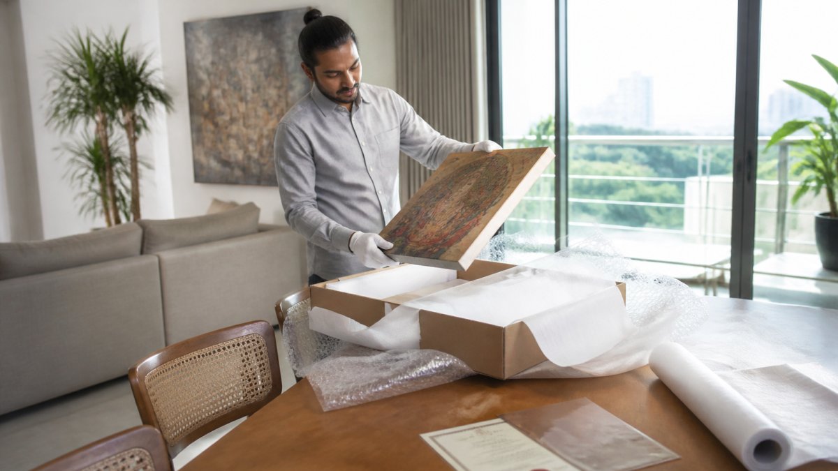 Step-by-step process for safely unboxing and verifying a newly arrived painting from an international shipment