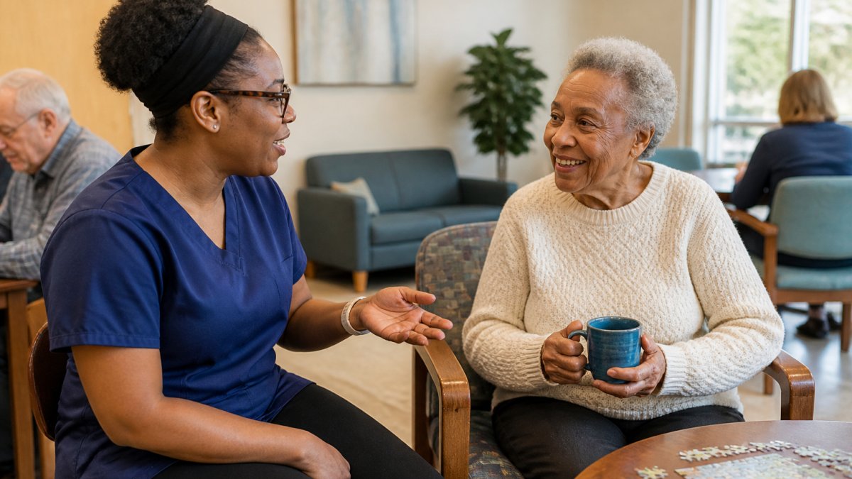 Caregiver and senior talking in a bright adult day care common area during a tour to choose adult day care.