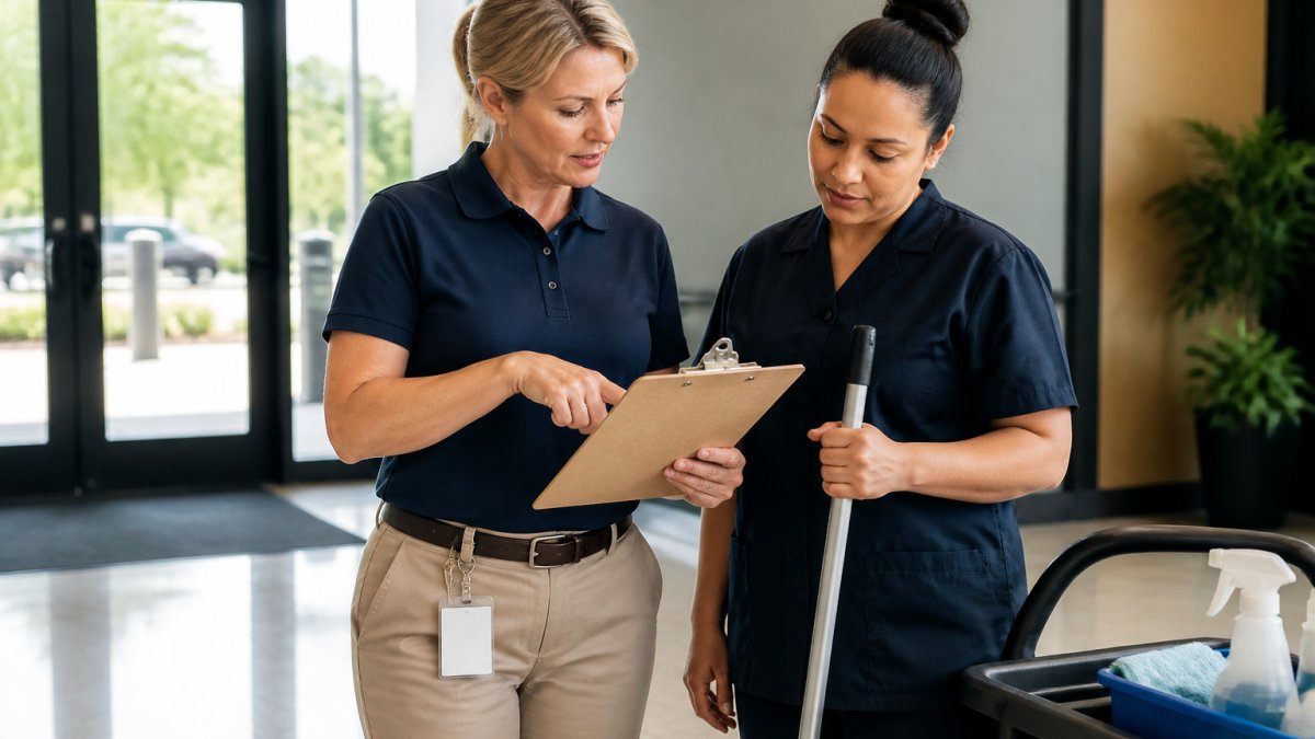 A commercial cleaner supervisor reviews a checklist with staff in a bright office lobby.