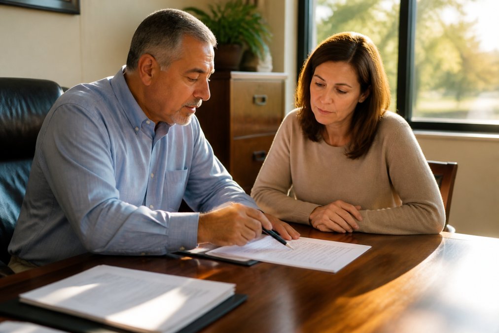 Homeowner and insurance agent sitting at wooden desk reviewing policy documents together, agent pointing at details with pen, warm afternoon light from office window