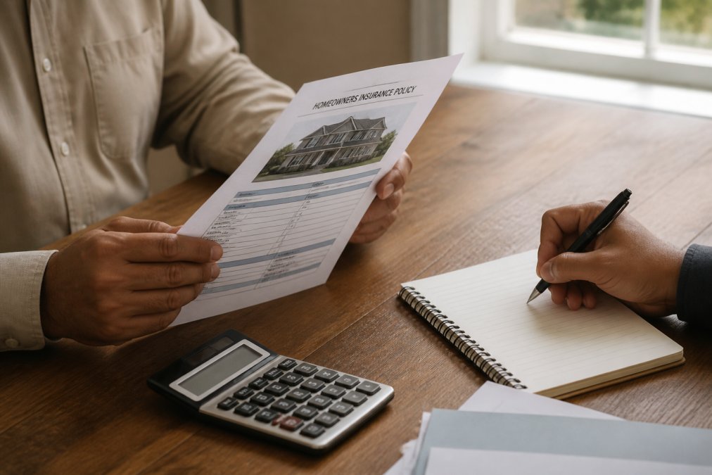 Close-up of hands holding homeowners insurance policy document with calculator and notepad visible, person writing notes with pen, natural desk lighting