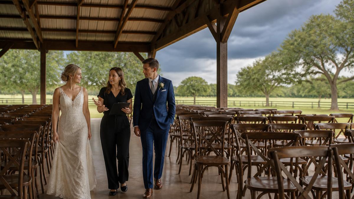 Bride and groom planning indoor and outdoor weddings in a covered barn as storm clouds gather over the farm