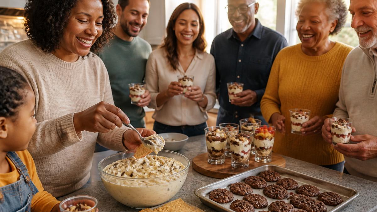 Diverse group of friends gathering around a kitchen island with no-bake desserts and parfaits