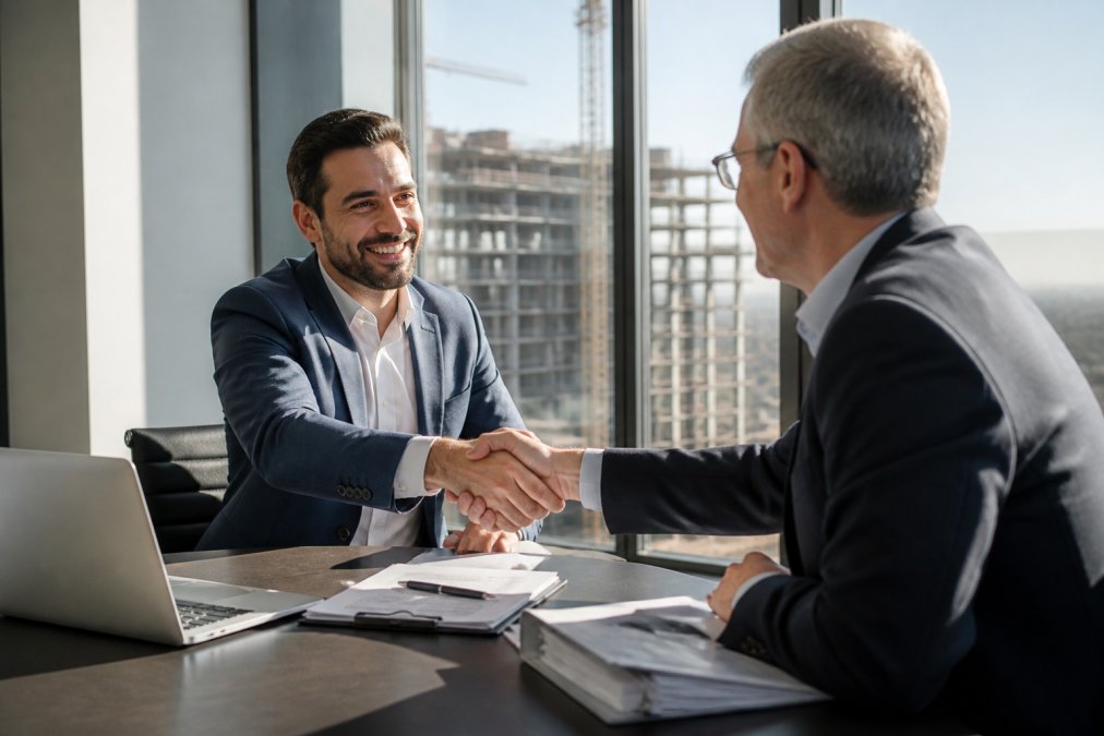 A real estate developer and a lender shaking hands across a desk in a modern office, a laptop open to a term sheet beside them, warm afternoon light through floor-to-ceiling windows