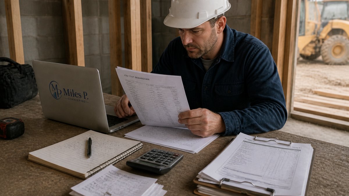 A contractor in a hard hat and work clothes reviewing a printed job cost breakdown at a job site table, with a laptop, receipts, and a clipboard of invoices nearby