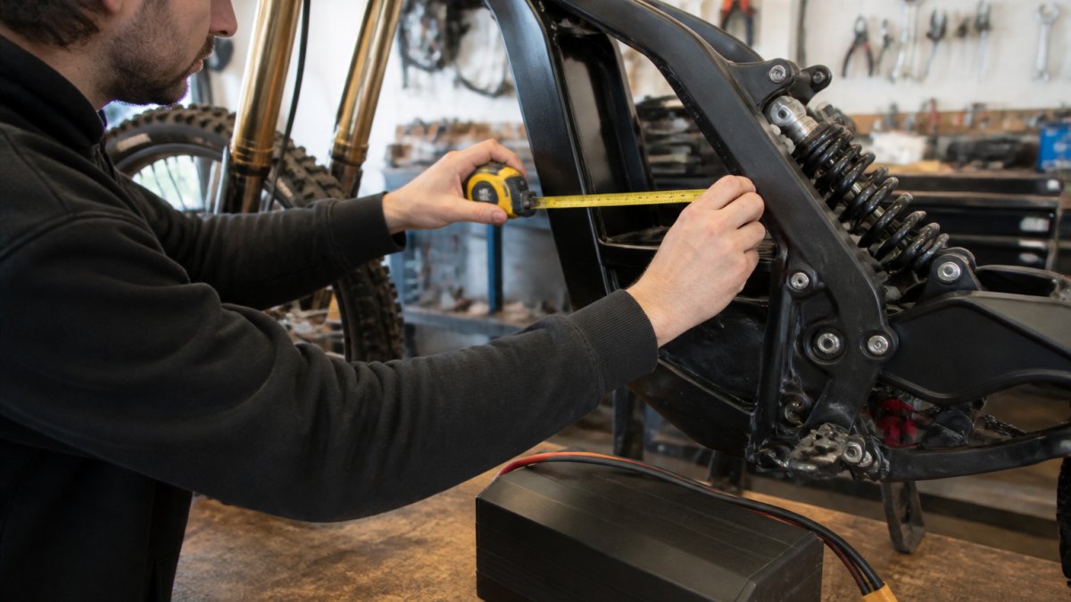 Rider measuring an electric dirt bike battery compartment with a tape measure on a workbench