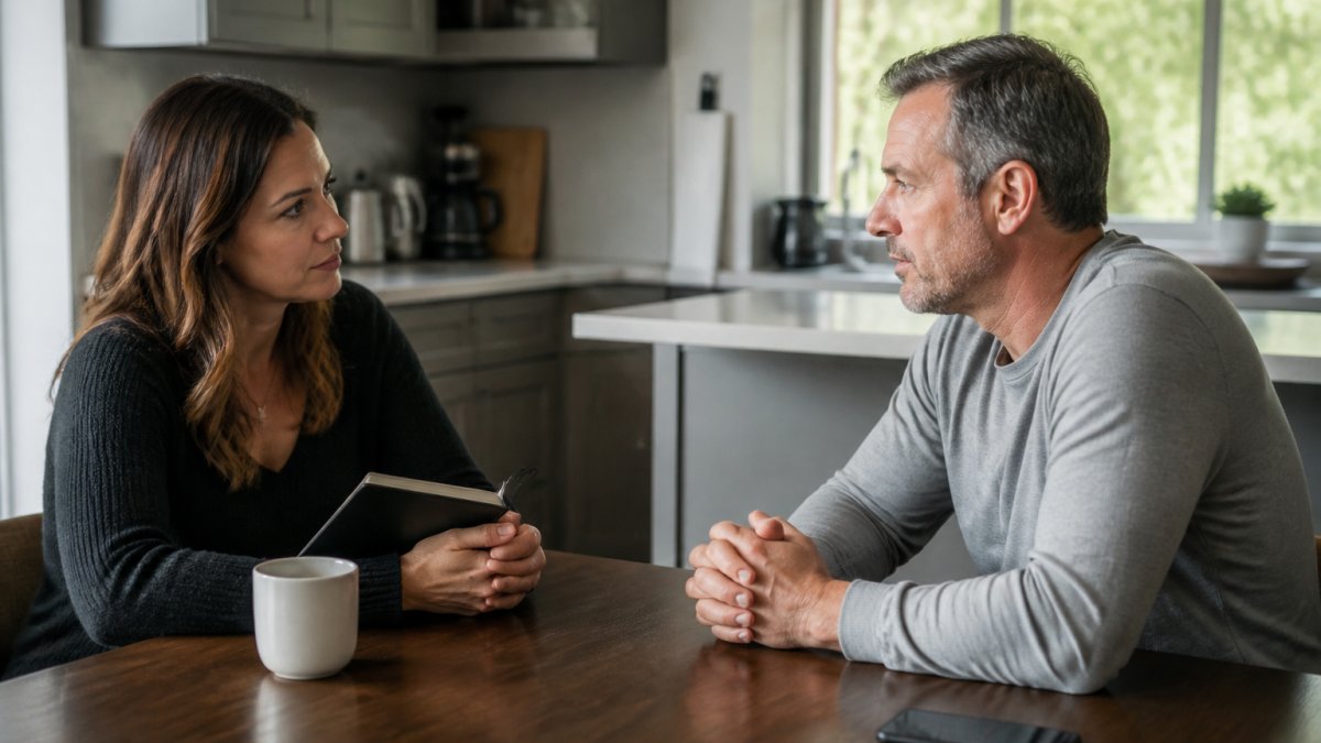A couple in their 40s sitting across from each other at a kitchen table, one holding a notebook, both listening intently with serious but open expressions, soft natural light