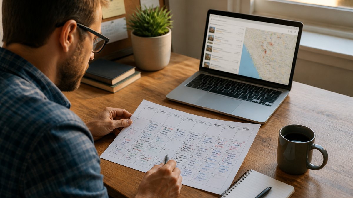 Small business owner reviewing a monthly local SEO timeline on a calendar and laptop screen