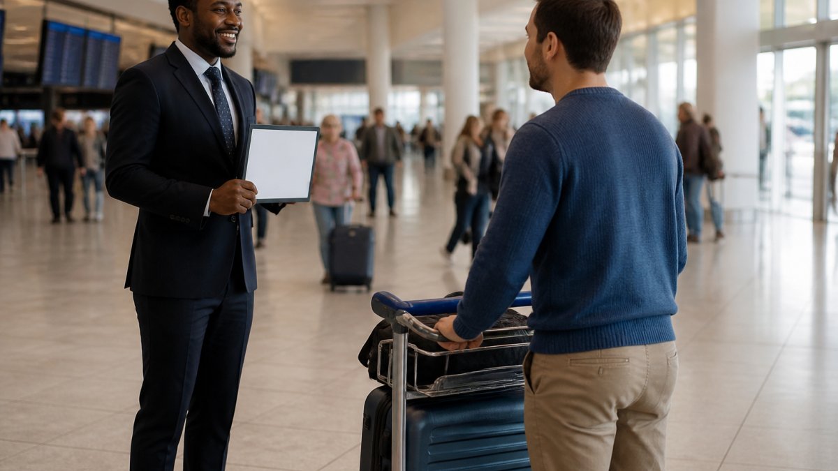 Chauffeur in a suit greets a traveler at the airport to save travel time with a pre-booked transfer.