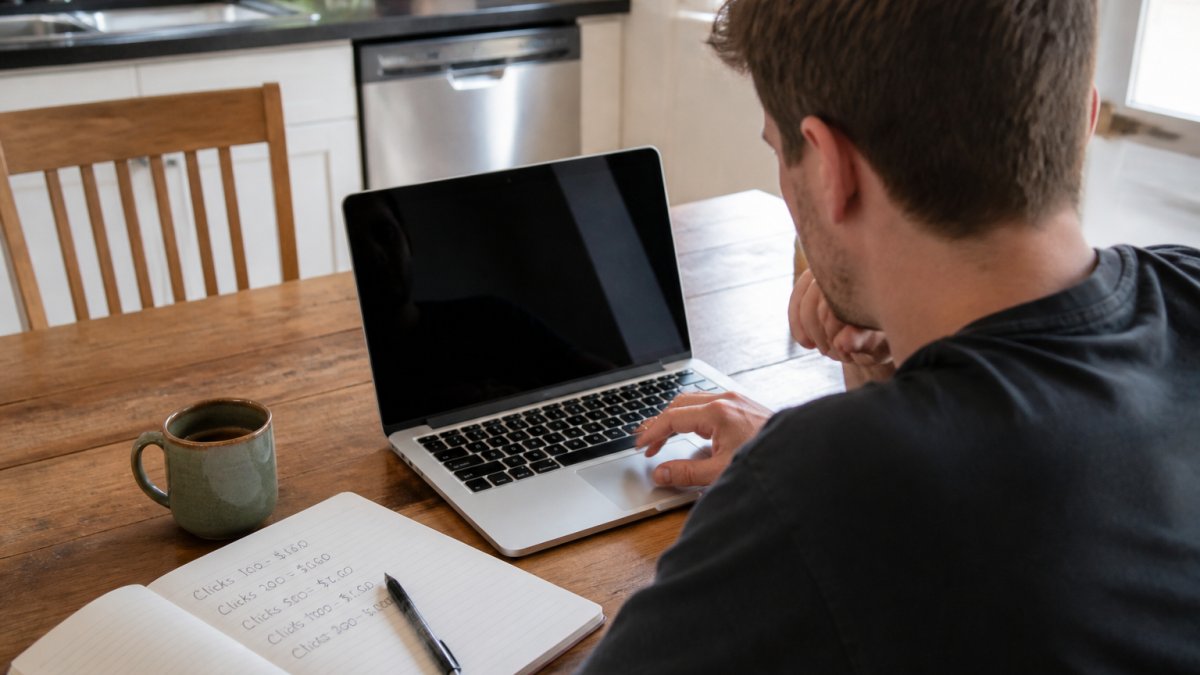 A person at a kitchen table with a laptop open to an earnings dashboard, a notebook with handwritten numbers beside them, and a coffee mug, natural daylight