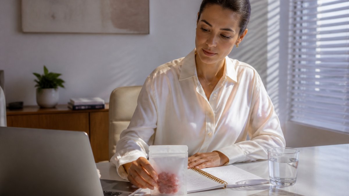 A professional in a modern home office setting placing a small soft-touch pouch of protein gummies beside a laptop, a glass of water, and a notebook with a handwritten daily schedule, morning light through window blinds