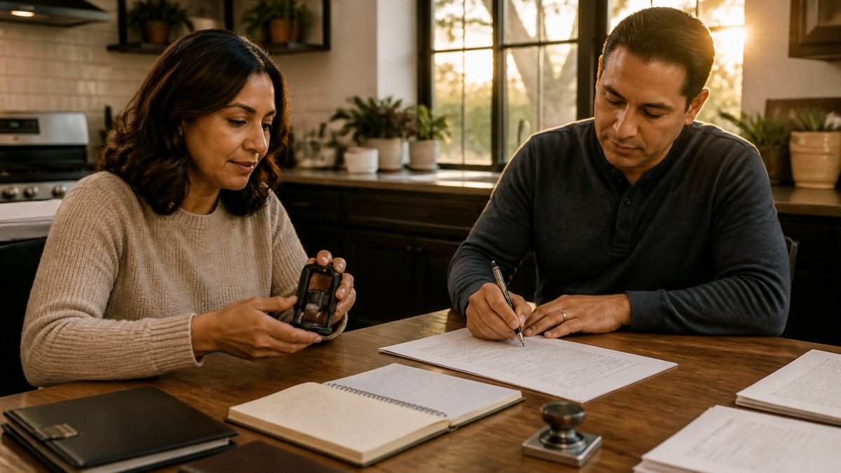 A notary public at a kitchen table reviewing a stamp, journal, and paperwork while a client signs a document nearby, warm evening light through the window