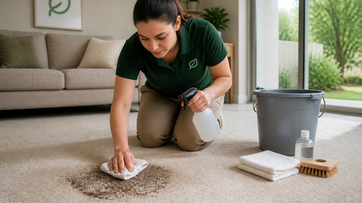 A homeowner kneeling on a light-colored carpet, pressing a white cloth onto a dark stain with one hand and holding a spray bottle of cleaning solution in the other, with a bucket and brush nearby in a bright living room