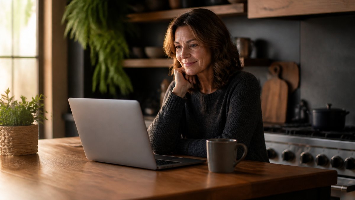 A woman in her forties at a kitchen counter with a laptop open to a small product page, a cup of coffee beside her, warm morning light, relaxed and unhurried