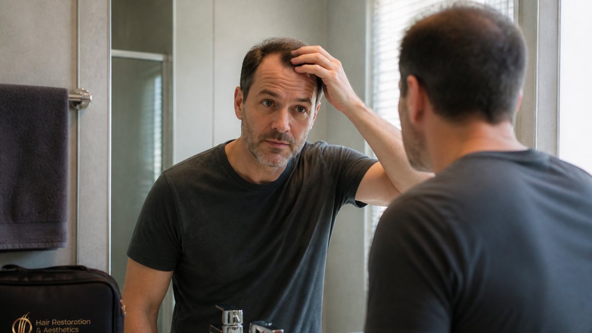 Man in his 40s checking his hairline in a mirror during FUE for thinning hair recovery.