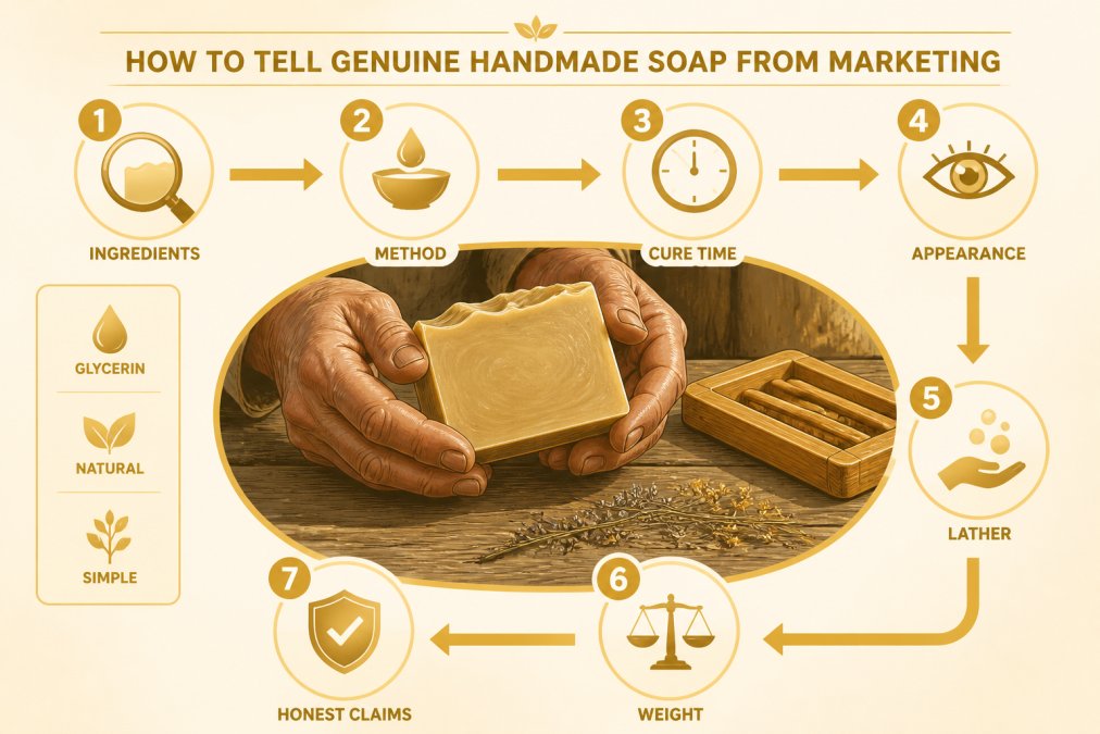 Weathered hands holding a cold-process soap bar with a wooden dish and dried herbs on a rustic workbench
