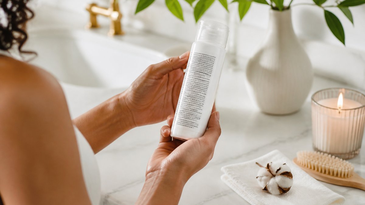 Woman holding a fragrance-free skincare bottle to read the ingredient list in a bright bathroom