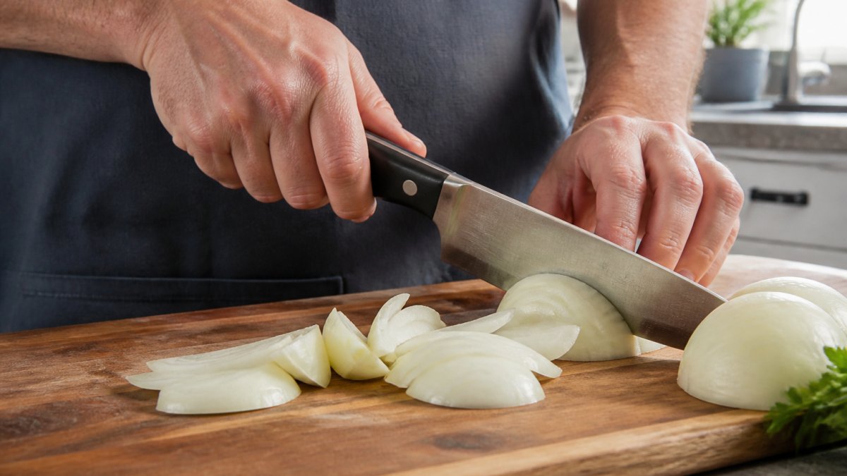 Close-up of a home cook's hand gripping a full-tang kitchen knife on a wooden cutting board, with the three handle rivets clearly visible in soft window light