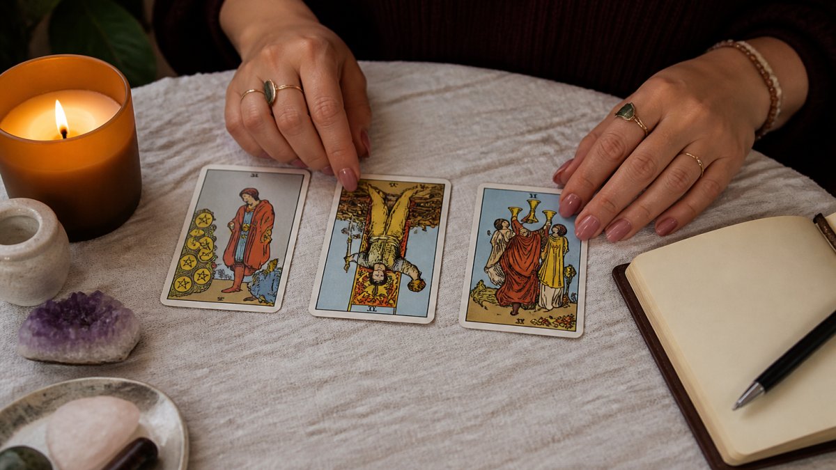 Hands laying out three tarot cards on a cloth beside a lit candle and a notebook in warm natural light