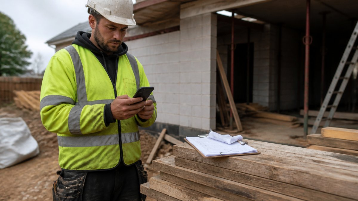 Builder in a high-vis jacket entering data into a phone, replacing manual spreadsheets with digital tools.